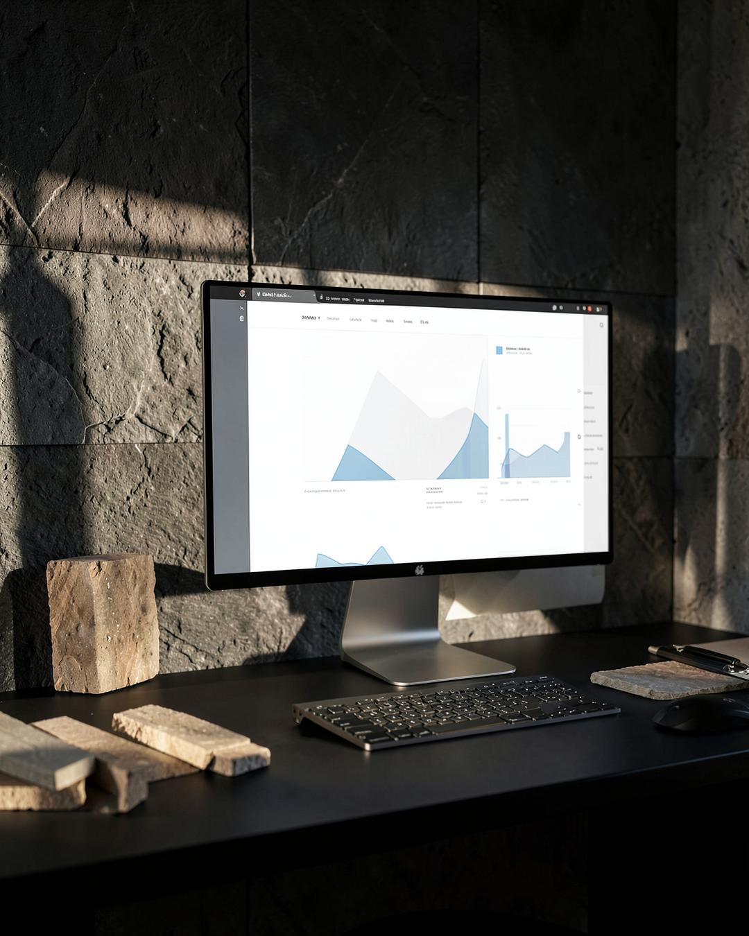 Modern studio workspace with stone samples and campaign analytics